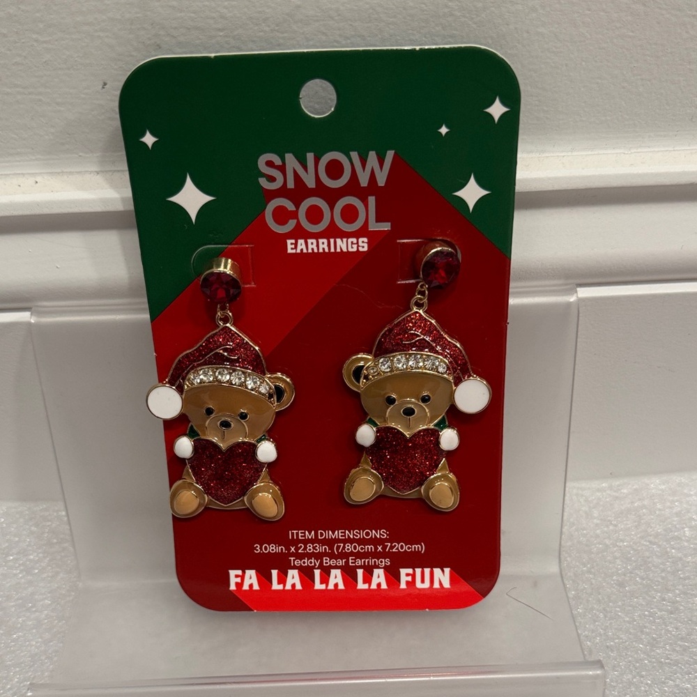 Teddy Bear Santa holiday festive Christmas Earrings snow cool NWT